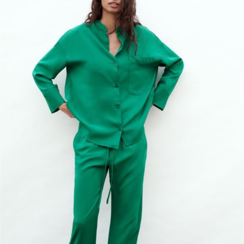 Zara emerald green button up shirt and trousers